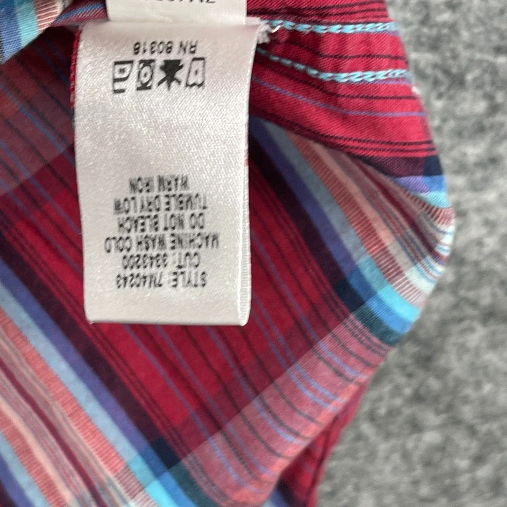 Lucky Brand Shirt Mens Large Red Plaid Short Sleeve Western Pearl Snap Cowboy